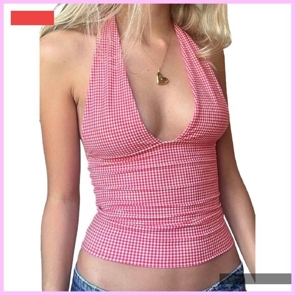 Summer Crop Halter Tank Top Deep V Neck Y2K Coquette Style - Picture 1 of 4